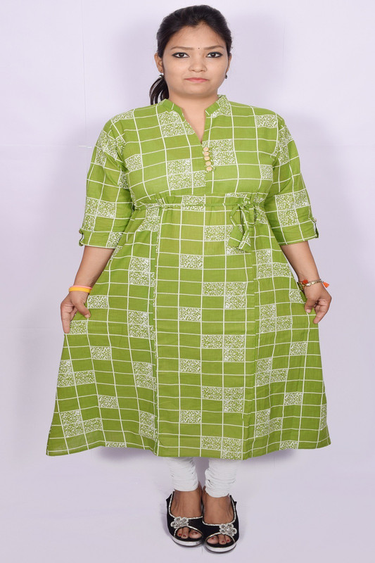 jayant Festive & Party Checkered Women Kurti(Light Green)