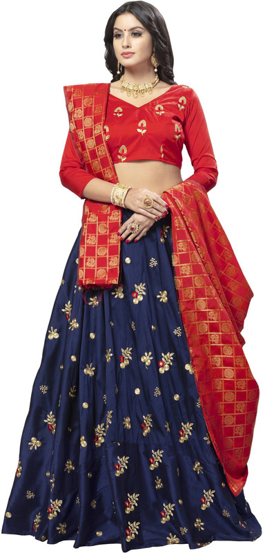 pd fashion Embroidered Semi Stitched Lehenga, Choli and Dupatta Set(Blue)