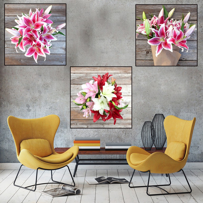 pari arts MULTIPLE FRAME 3pieces Flowers Digital Reprint 12 inch x 36 inch Painting