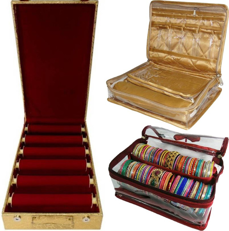 indigenous combo of 6 roll rod bangle box vanity box wooden bangle storage box makeup cosmetic organizer travel toiletry kit 2 roll rod satin bangle case brocade jewellery kit vanity case jewellery bangle box vanity box Vanity Box Vanity Box(Maroon, Red, Pink, plastic, Blue, golden)