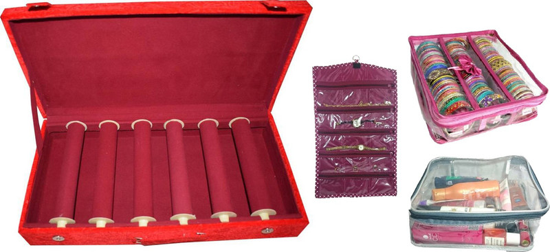 indigenous combo of 6 roll rod bangle box vanity box wooden bangle storage box bridal 3 roll rod satin bangle case watch case travel kit brocade jewellery kit vanity case jewellery bangle box vanity box Vanity Box Vanity Box(Maroon, Red, Pink, plastic, Blue, golden)