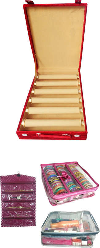 indigenous combo of 6 roll rod bangle box vanity box wooden bangle storage box bridal plastic 3 roll rod satin bangle case cosmetic pouch travel kitbridal bag cosmetic bag watch cover brocade jewellery kit vanity case jewellery bangle box vanity box Vanity Box Vanity Box(Maroon, Red, Pink, plastic)