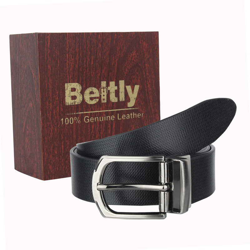 beltly Men Formal Black Genuine Leather Reversible Belt