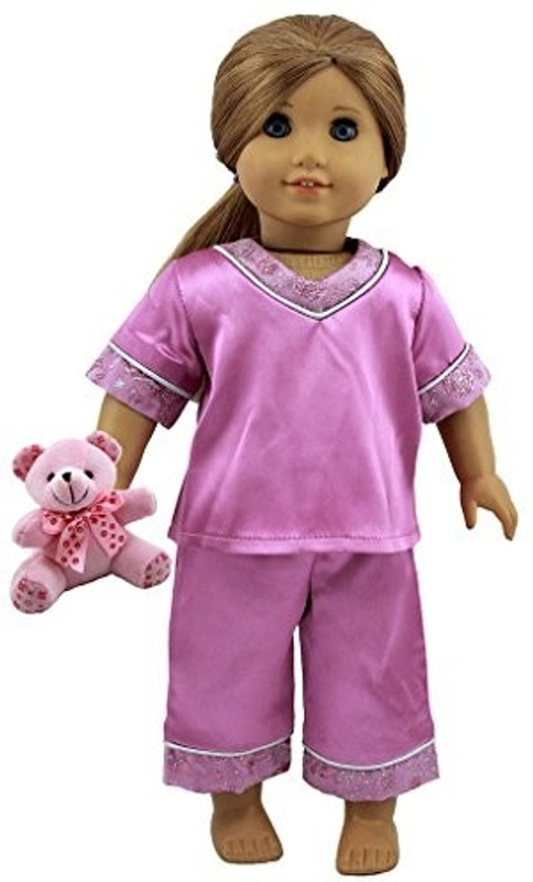 dreamtoyhouse Doll Clothes Satin Doll Pajamas Sleepwear Pink Bear Pet for 18 Inch American Girl Dolls(Multicolor)