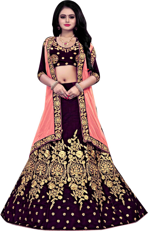 aadhiya impex Embroidered Semi Stitched Lehenga, Choli and Dupatta Set(Purple, Gold, Pink)