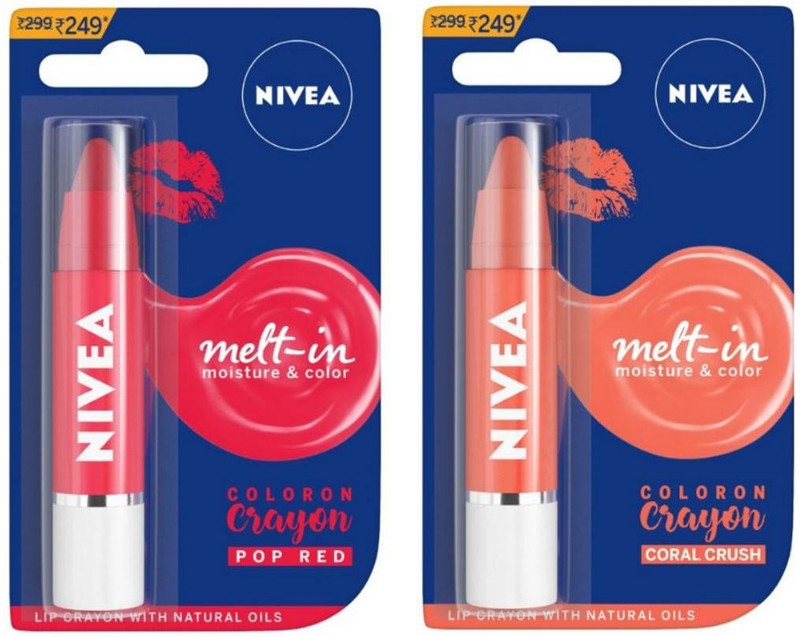 Nivea Coloron Lip Caryon, Pop Red & Lip Crayon, Coral Crush Coral(Pack of: 2, 6 g)