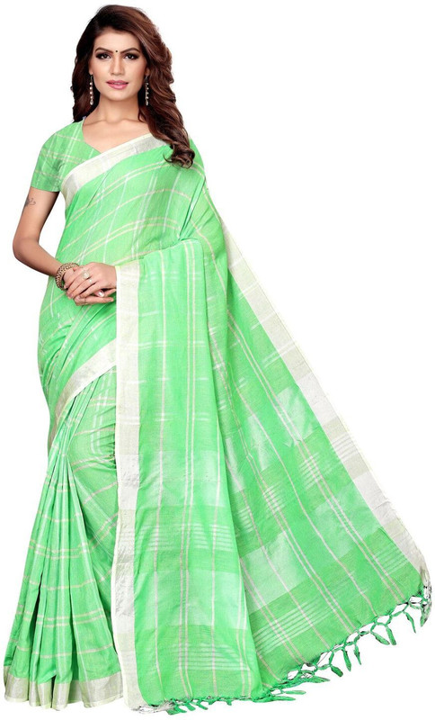 missfab Checkered Daily Wear Linen Blend Saree(Green)