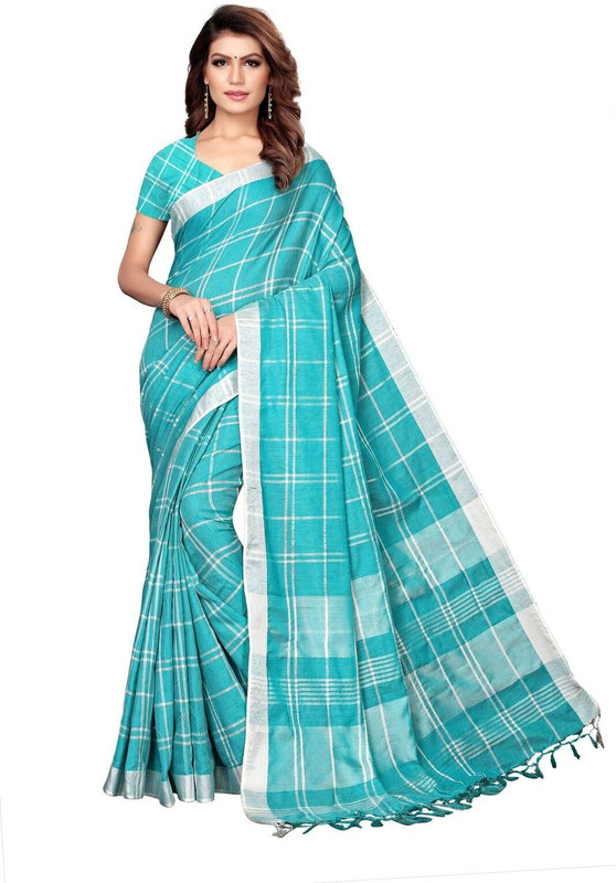 missfab Checkered Daily Wear Linen Blend Saree(Blue)