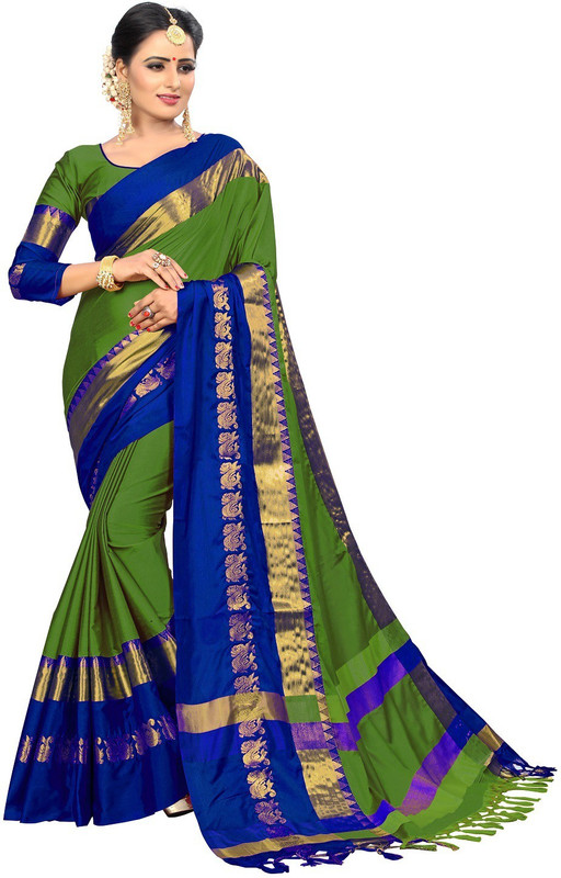 shrunkhala Dyed Kanjivaram Cotton Silk Saree(Green, Blue)