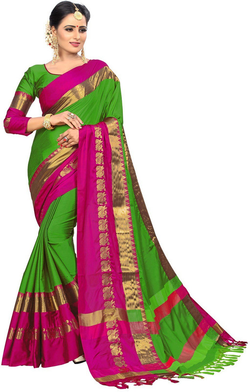shrunkhala Dyed Kanjivaram Cotton Silk Saree(Green, Pink)