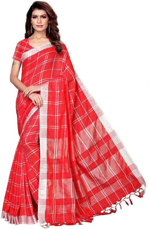 missfab Checkered Daily Wear Linen Blend Saree(Red)
