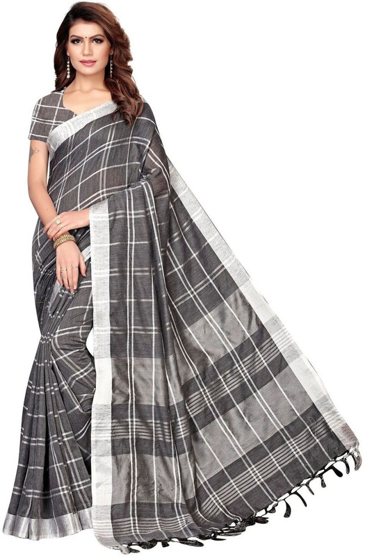 missfab Checkered Daily Wear Linen Blend Saree(Black)