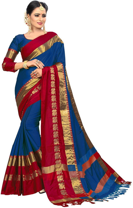 shrunkhala Dyed Kanjivaram Cotton Silk Saree(Red, Blue)
