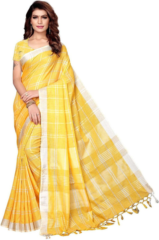 missfab Checkered Daily Wear Linen Blend Saree(Yellow)