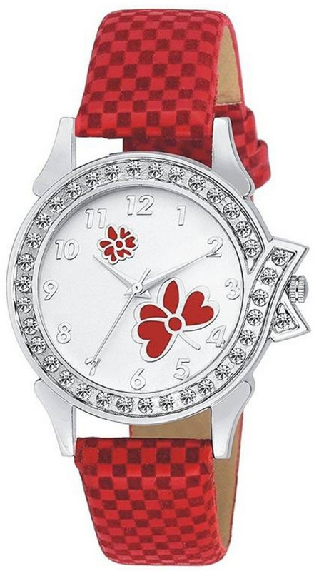 us chopda Stylish Flower Print Dial Red Chex Design Leather Belt Watch For Girls NW-993 watch Analog Watch  - For Women