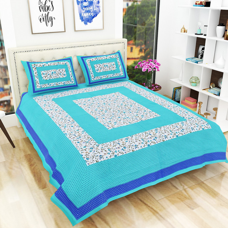 ayaan jaipur prints 220 TC Cotton Double King Printed Bedsheet(Pack of 1, Blue, White)