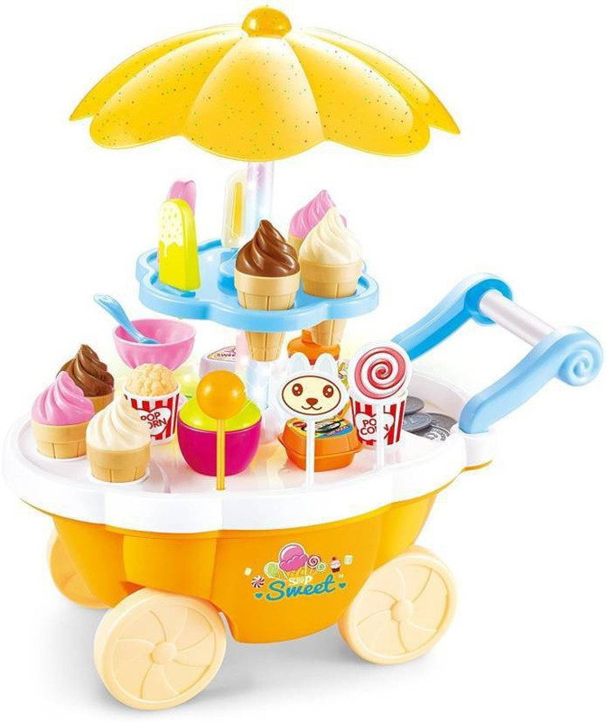 cktech Ice Cream Kitchen Play Cart Kitchen Set Toy with Lights and Music yellow