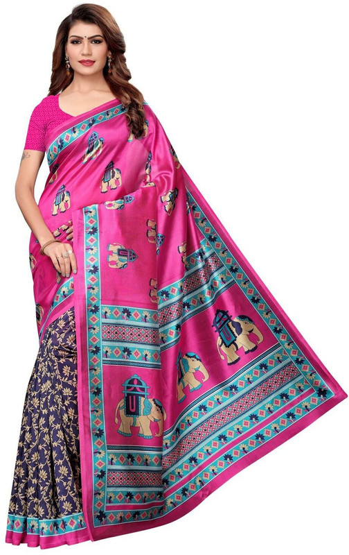 missfab Printed Mysore Art Silk Saree(Pink, Blue)