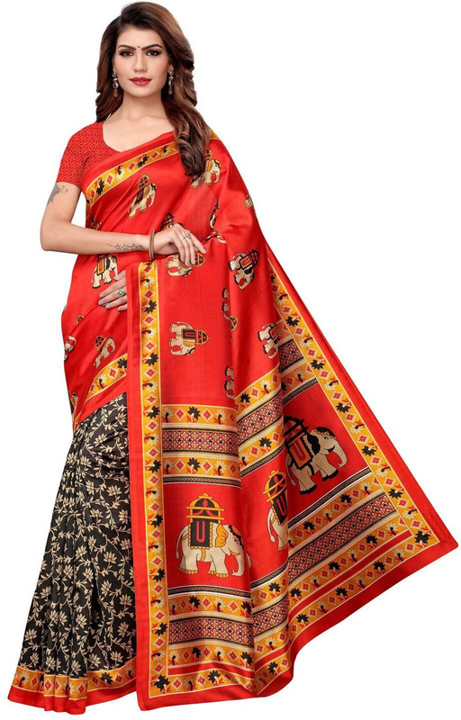 missfab Printed Mysore Art Silk Saree(Black, Red)