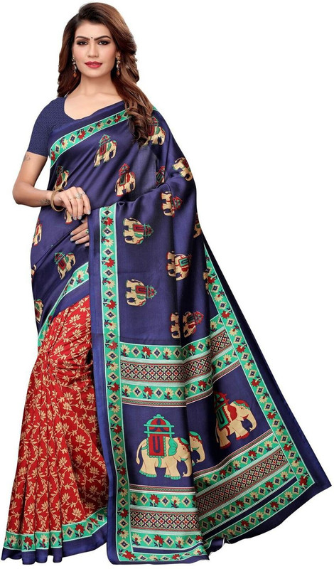 missfab Printed Mysore Art Silk Saree(Red, Blue)
