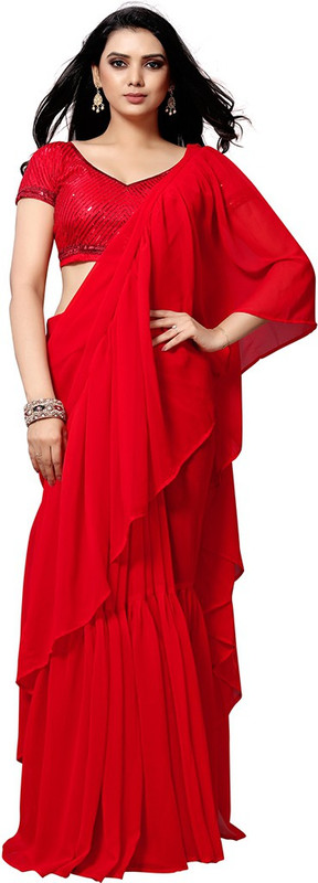 astha bridal Plain Bollywood Georgette Saree(Red)