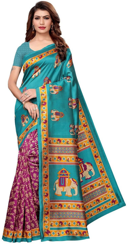 missfab Printed Mysore Art Silk Saree(Pink, Blue)