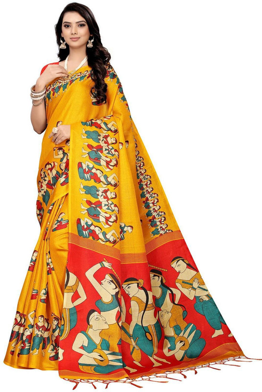 missfab Printed Daily Wear Khadi Silk Saree(Mustard, Pink)