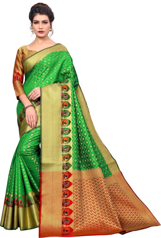 g fashion studio Embellished Kanjivaram Poly Silk Saree(Green)