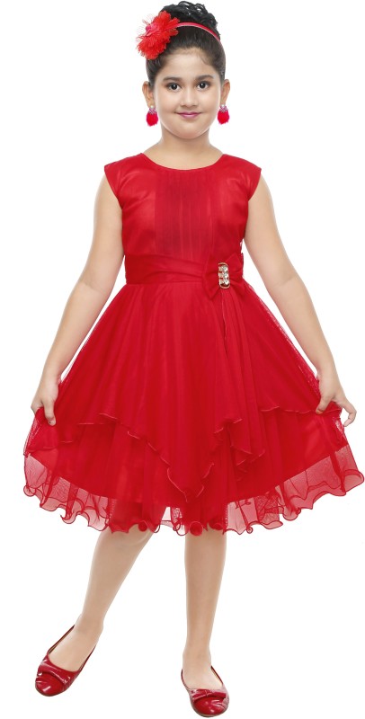 KAARIGARI Girls Midi/Knee Length Party Dress(Red, Sleeveless)