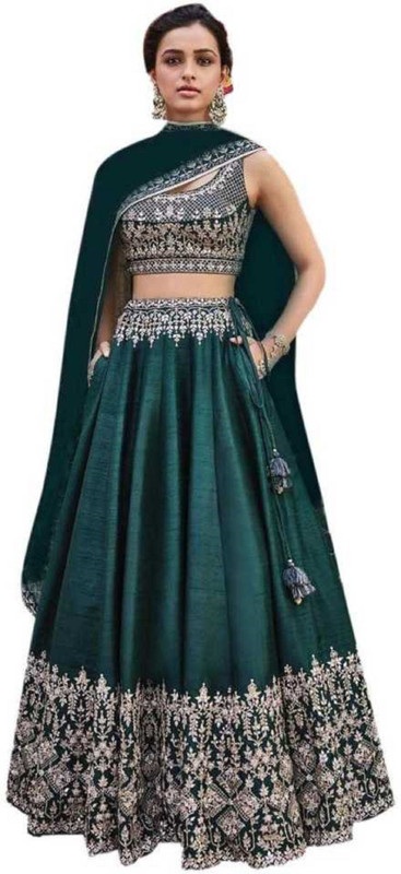 indian unique fashion Embroidered Semi Stitched Lehenga, Choli and Dupatta Set(Dark Green)