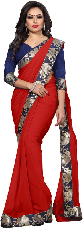 sarvagny clothing Solid Fashion Poly Georgette Saree(Red)