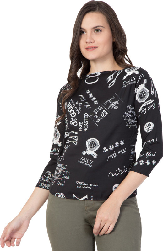 vogue tantra Casual 3/4 Sleeve Printed Women Black Top