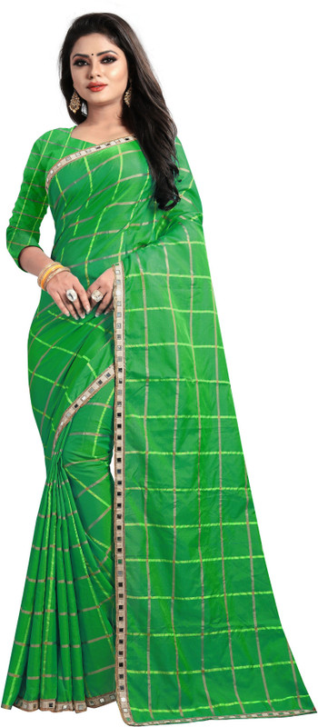 jency fashion Checkered Kanjivaram Silk Saree(Green)
