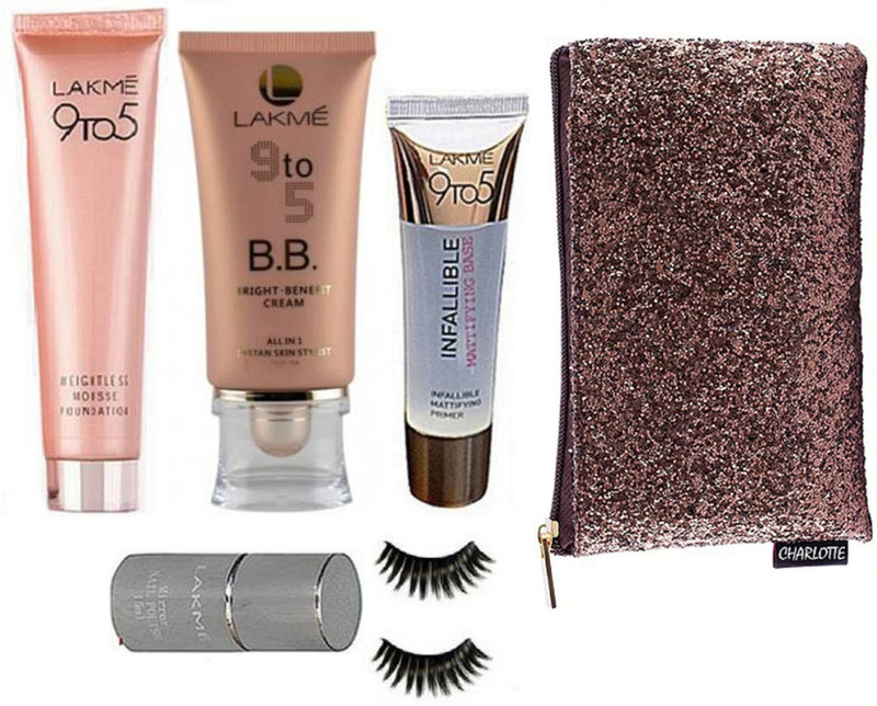 charlotte Bag&Lakme 9 to 5 Mousse Foundation,BB Cream Foundation,Primer,Eyelashes,Nailpaint(6 Items in the set)