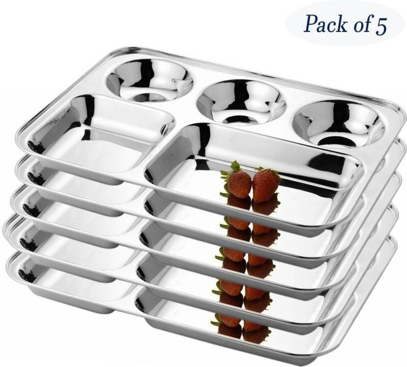 apna Stainless Steel 5 In 1 Five Compartment Divided Dinner Plate, Compartment Thali, Compartment Dinner Plate (5 Unit) Plate Set(5 Units)