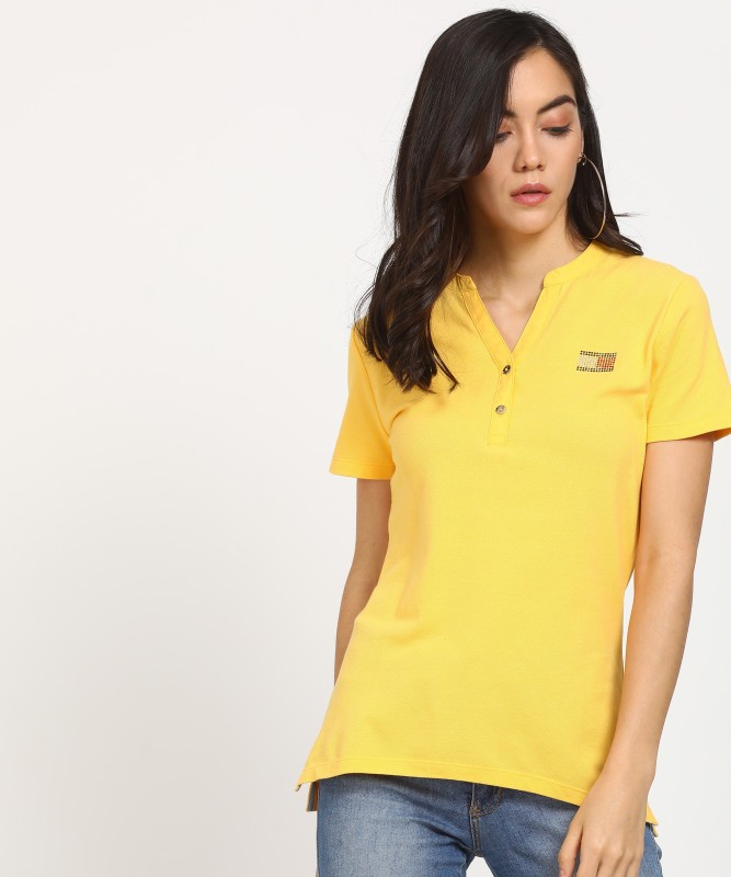 Tommy Hilfiger Solid Women Mandarin Collar Yellow T-Shirt