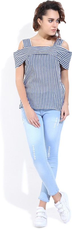 tricolor Casual Shoulder Strap Striped Women Multicolor Top