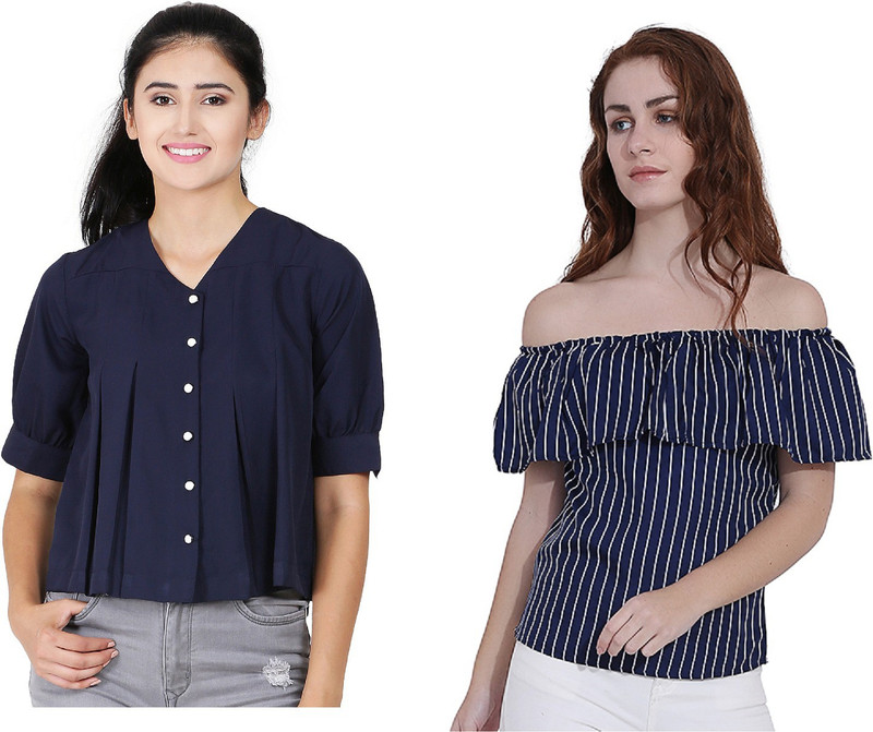 preet gehna Casual Half Sleeve Striped Women Dark Blue, White Top