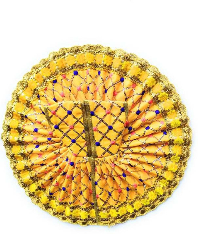 tricj nine The dress is made in pure silk and have a premium embroidery with heavy work of stone, pearls and artificial diamonds in which your Gopal ji will look so beautiful. SIZE: Fit for Gopal ji of 4 size. Diameter of dress is 20 cm OFFER: You can also buy various Mukut, Topi, Necklace, belt/ Ta