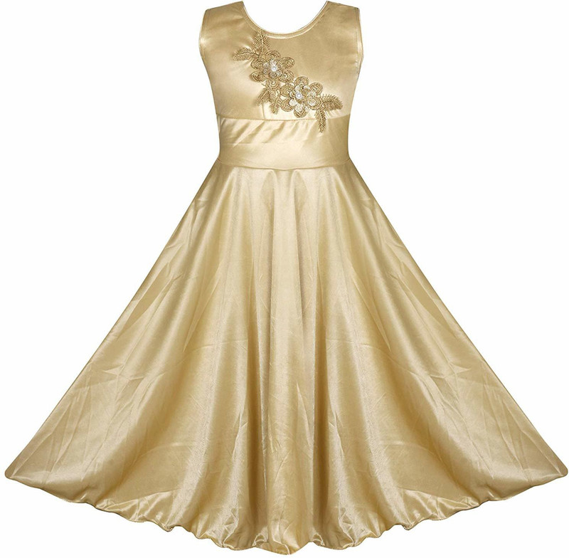 vyani creation Girls Maxi/Full Length Casual Dress(Gold, Sleeveless)