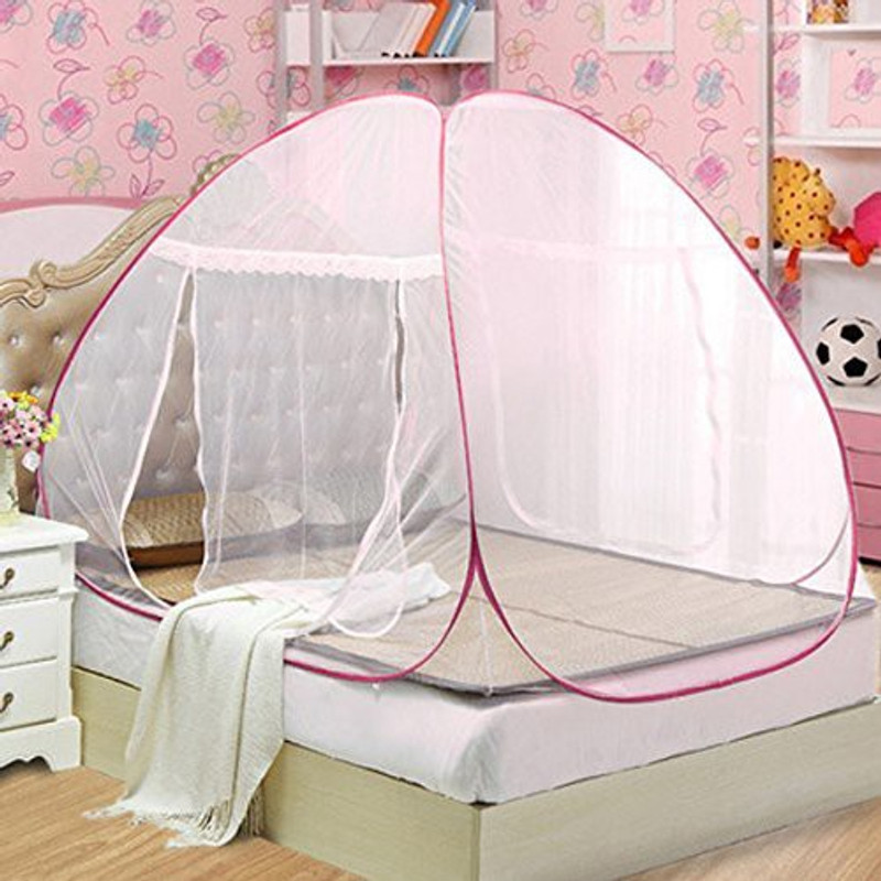 cratos Polyester Adults Double Bed Mosquito Net - Foldable - white color ( with pink border) Mosquito Net(White)