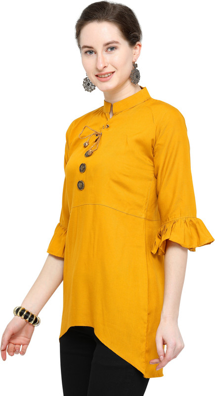 wear2fashion Casual Bell Sleeve Solid Women Yellow Top