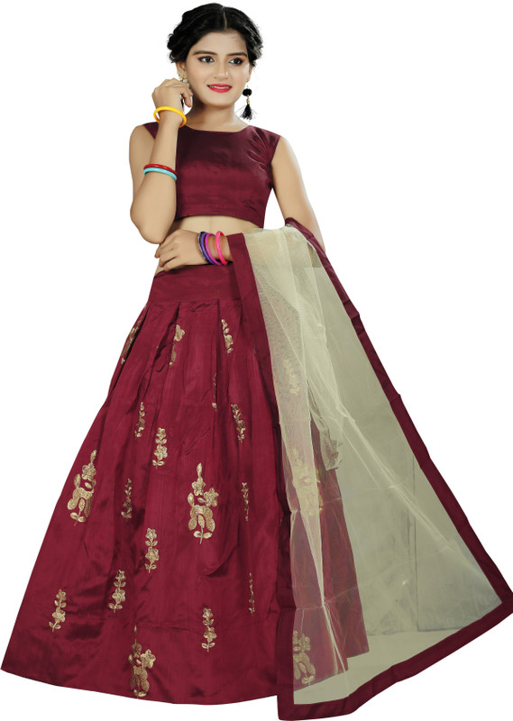 shoryam fashion Indi Girls Lehenga Choli Ethnic Wear Embroidered Lehenga Choli(Maroon, Pack of 2)