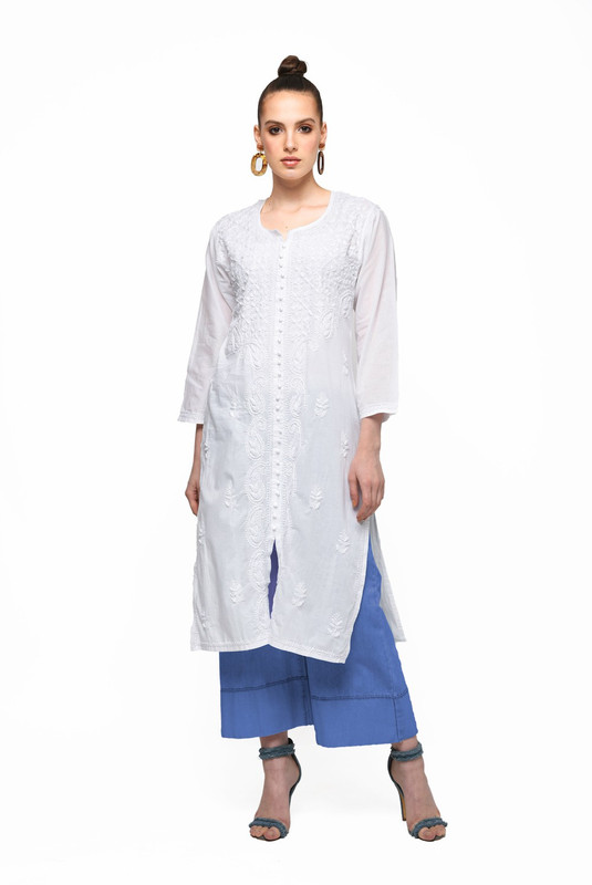 kajiree Casual Chikan Embroidery Women Kurti(White)