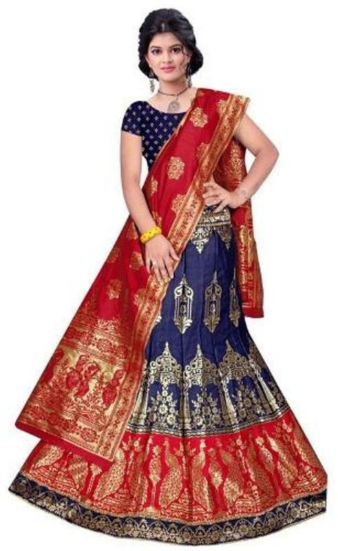 kalakunj fab Solid Semi Stitched Lehenga, Choli and Dupatta Set(Blue, Red)