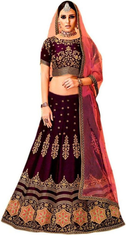 nv patel Embroidered, Solid Semi Stitched Lehenga, Choli and Dupatta Set(Purple)