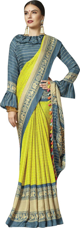 shreekhodalart Printed Bollywood Pure Linen Saree(Yellow, Grey)