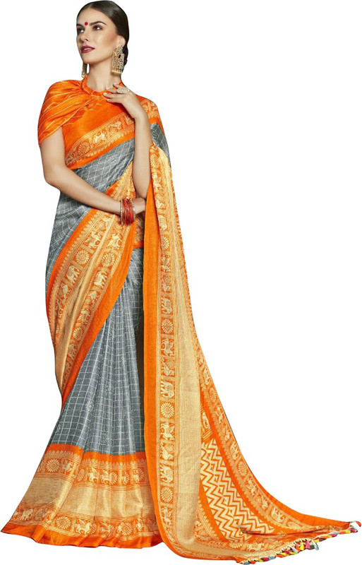 shreekhodalart Printed Bollywood Pure Linen Saree(Grey, Orange)