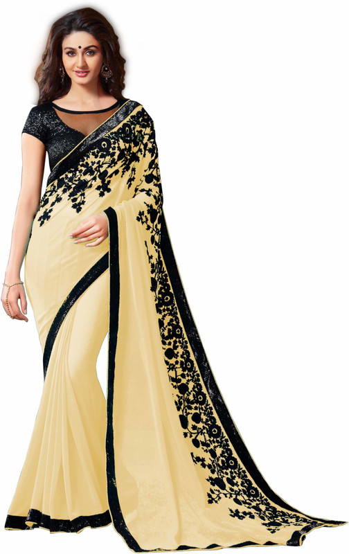 khodal raj enterprise Embroidered Fashion Poly Georgette Saree(Cream)