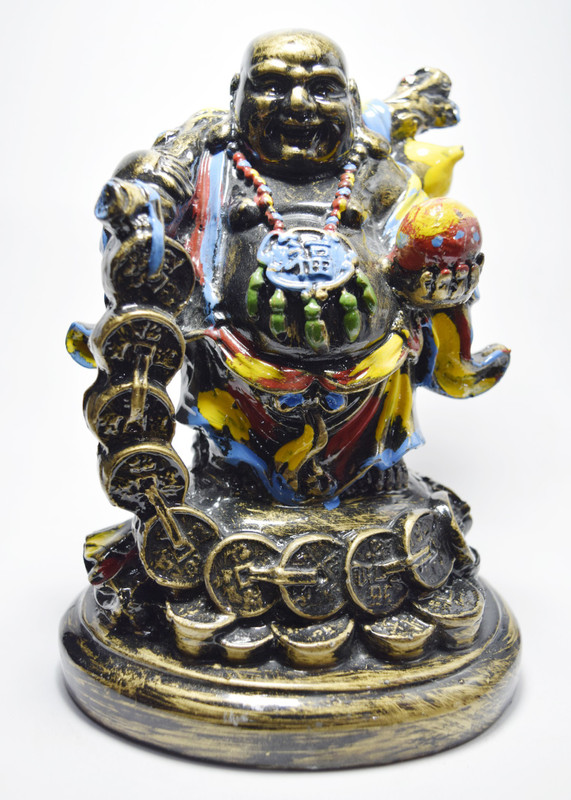gw creations Laughing Buddha coins Mala & Money Potli Holding Decorative Showpiece  -  19 cm(Polyresin, Multicolor)